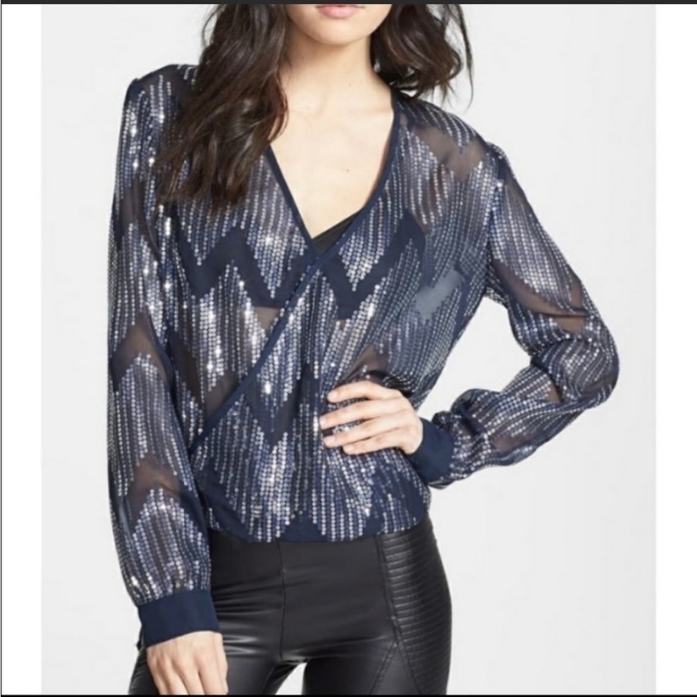 Wayf Navy and Silver Sheer Blouse
